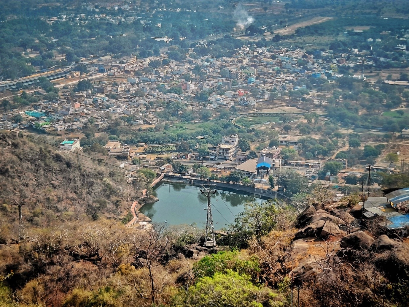 The spread of settlements across uneven terrain at Chhattisgarh.