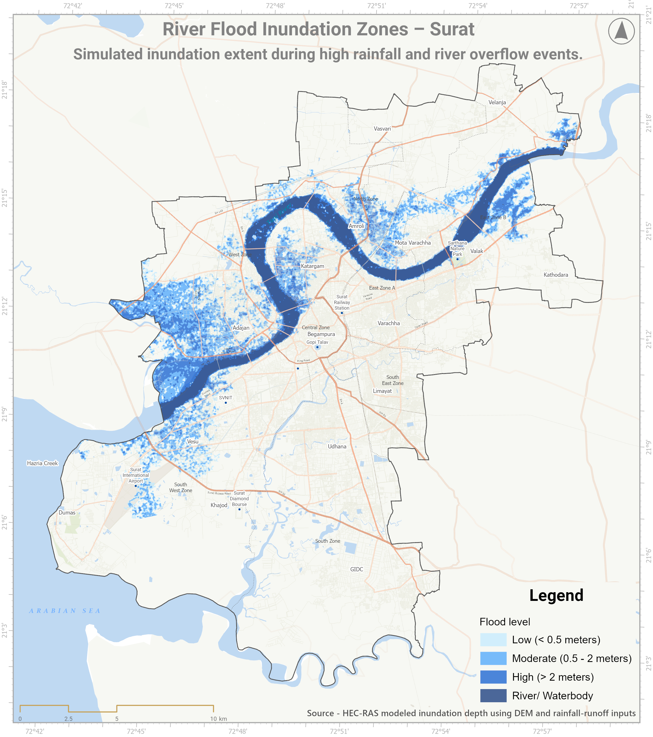 Simulated river flood inundation zones, Surat
