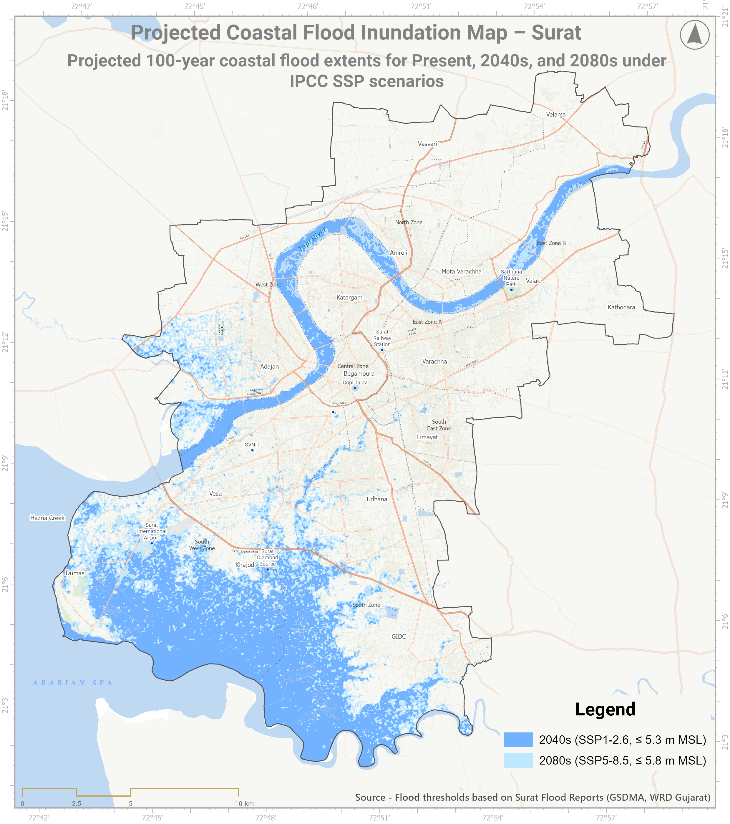 Projected coastal flood inundation, Surat, 2040s and 2080s